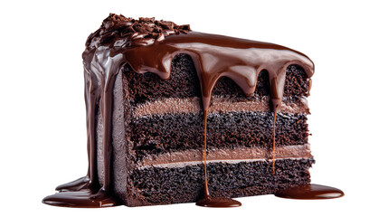 A slice of chocolate cake with dripping chocolate frosting on transparent background	