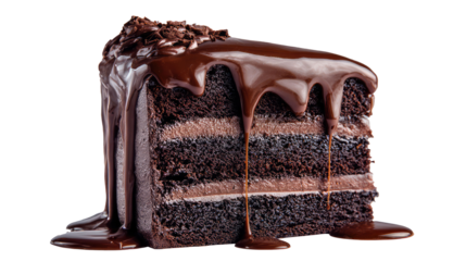 A slice of chocolate cake with dripping chocolate frosting on transparent background	