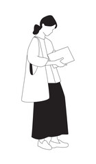 Woman with totebag reading file in street– Black and White Line Art Architectural Style Vector Illustration