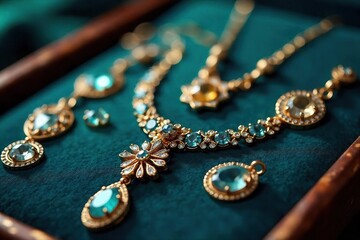 Exquisite Handcrafted Jewelry Close-Up Gleaming Gemstones and Intricate Metalwork displayed on Luxurious Velvet.  Showcase of Precious Fashion Accessories, highlighting artistry and value.