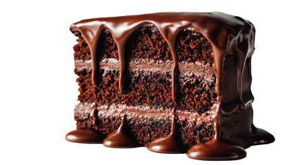 A slice of chocolate cake with dripping chocolate frosting on transparent background	