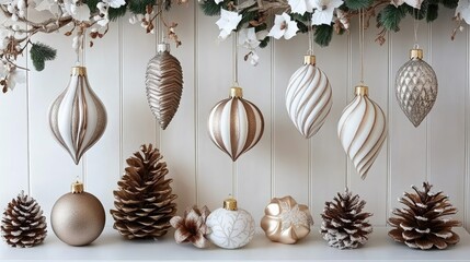 Delicate Christmas ornaments in gold and silver dangle elegantly from an empty white shelf, enhancing the festive mood with their soft lighting and symmetrical layout
