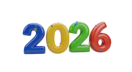 Colorful 2026 celebration balloons with confetti for new year festivity