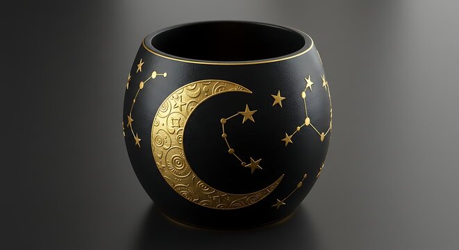 Black and gold crescent moon and stars decorative bowl with constellations