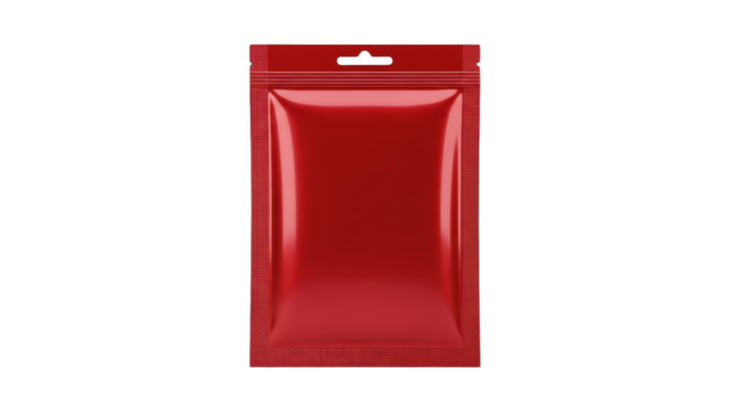 Red foil pouch with hang tab - matte finish packaging design