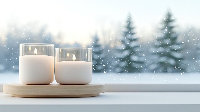 A warm and inviting winter atmosphere is created with candles glowing and a small Christmas tree on the windowsill, overlooking a serene snowy forest