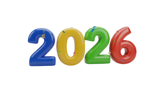 Colorful 2026 celebration balloons with confetti for new year festivity