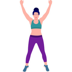 Woman In Teal Sports Bra And Purple Leggings Performing Jumping Jacks With Arms Raised On White Background