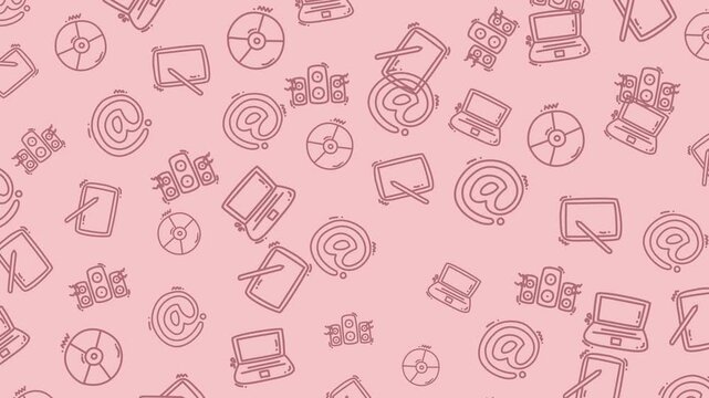 Doodle technology pattern with laptops, speakers, and tech doodles. Suitable for tech industry presentations, website backgrounds, and digital marketing materials