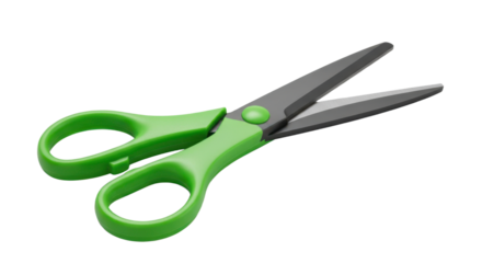 Green handled scissors with open blades on transparent background for crafting and office use