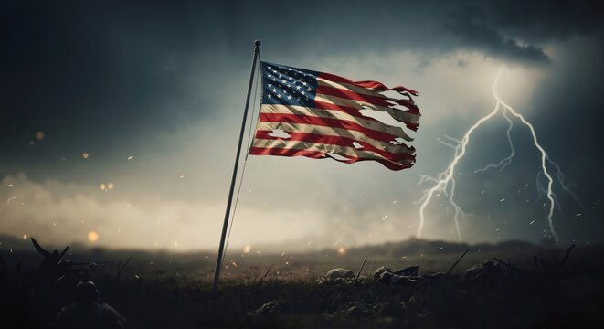 A tattered american flag on a flagpole against stormy sky with lightning. Symbol of resilience and struggle. For independence Day.