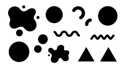 Fototapeta premium A versatile set of black abstract shapes in the Memphis style. Features organic blobs, geometric forms, and playful lines for fun retro 80s/90s designs.
