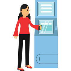 Woman in red top and black pants uses a blue digital kiosk with a credit card for information and transaction