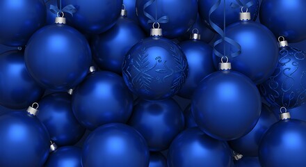 Close up of numerous glossy blue christmas ornaments seasonal decoration