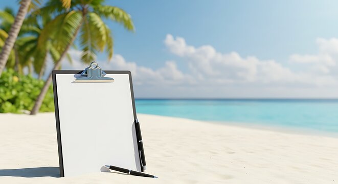 Clipboard with pen on sandy beach with palm trees and ocean background