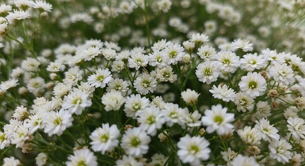 Close up of numerous small white flowers in a natural outdoor environment