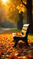 Autumn Leaves Blanket Park Bench in Warm Afternoon Sunlight Cozy Thanksgiving & Harvest Background