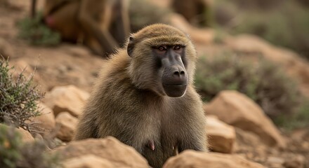 Close up of a baboon in its natural habitat daytime outdoor scene