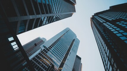 Fototapeta premium Looking up at the impressive skyscrapers in the city against the clear blue sky