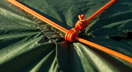 Close up of orange rope detail on green tent for outdoor camping