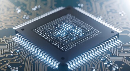 Close up view of a microchip on circuit board with glowing connections. Modern computer processor unit. Concept of data processing, artificial intelligence.