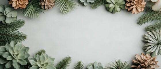 Green succulent plants and pine cones arranged in a border pattern on a light gray surface with empty center space