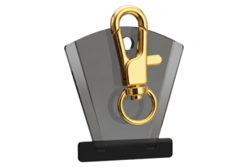 Elegant gold plated lobster clasp keychain displayed on a modern gray trophy isolated on transparent background