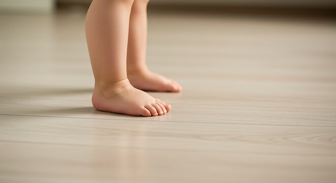 Close up of a babys bare feet standing on a light wooden floor indoors