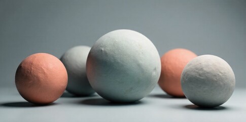 Geometric arrangement of spheres of varying sizes and textures in a stark environment. A minimalist studio arrangement of various spheres. The spheres differ in size and texture one is a large, matte,