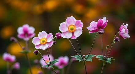 Close up of pink and white flowers in bloom with blurred background details