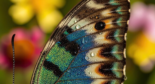 Capture the stunning details of a vibrant butterfly wing with glistening water droplets in macro photography