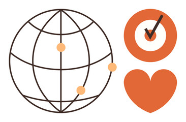 Globe with points, target with checkmark, and heart shape. Ideal for connection, goals, success, collaboration, strategy globalization teamwork. Clean simple flat metaphor