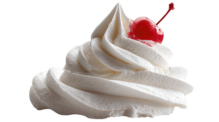 A swirl of white cream with a bright red cherry on top view on transparent background	

