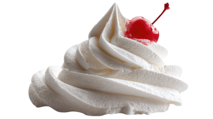 A swirl of white cream with a bright red cherry on top view on transparent background	
