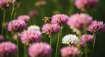 Close up of pink clover flowers with a bee pollinating nature background