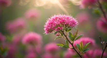 Close up of pink flower with green leaves and soft background sunlight