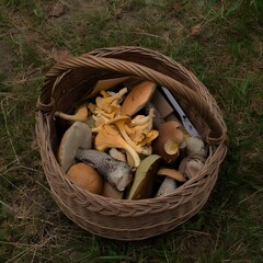 Cesta de mimbre con setas de otoño