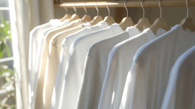 Sophisticated women's clothing is neatly arranged on hangers inside a modern, elegantly designed room, highlighting a stylish atmosphere - Powered by Adobe