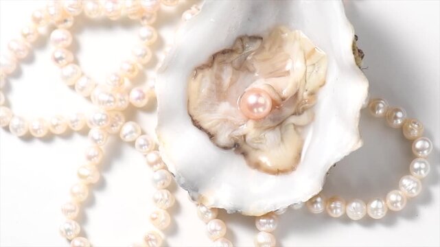 Pearls, One Natural pearl inside the oyster shell, close up, on white background. Nacre. Pearl necklace. Mother-of-pearl. Jewellery. Wealth concept. Rotating background, top view. 