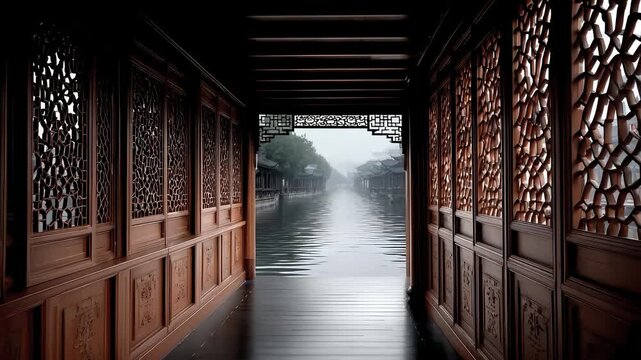 The misty Jiangnan Watertown ancient town architecture aesthetic artistic conception
