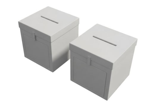 Two white ballot boxes with slots for voting isolated on transparent background