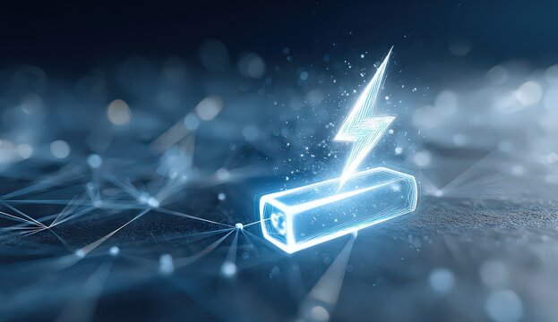 Digital Rendering of a Glowing Battery with a Lightning Bolt Symbol on a Blue Futuristic Network Background