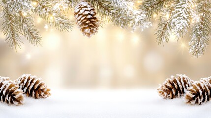 Snow-dusted pine cones rest on evergreen branches, capturing the serene essence of a sunny winter day in the forest