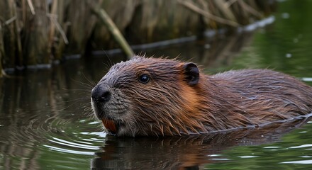 Close up of a beaver swimming in water with focus on fur and environment