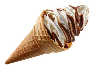 Delicious ice cream cone featuring swirl of creamy vanilla and rich chocolate, perfect for casual snack or dessert. Enjoy this delightful treat on warm day