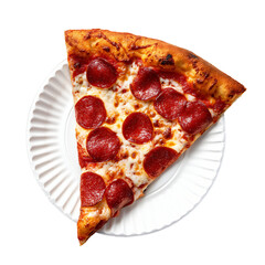 Delicious pepperoni pizza slice on white paper plate, showcasing crispy crust and melted cheese, perfect for casual dining or quick snack