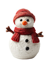Playful snowman figurine with carrot nose, coal eyes, and twig arms, wearing red scarf and hat, brings cheerful winter spirit to any festive decor