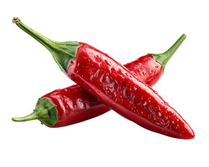 Fresh red chili peppers with green stems, glistening with moisture, create vibrant and spicy visual. Perfect for adding heat to dishes or garnishing meals