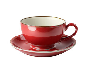 Vibrant red tea cup with matching saucer, featuring smooth finish and elegant gold trim, perfect for serving hot beverages. This stylish set adds touch of sophistication to any table setting