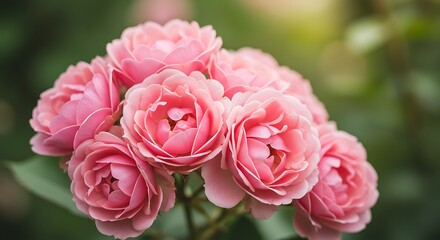 Close up of pink roses in full bloom with blurred green background